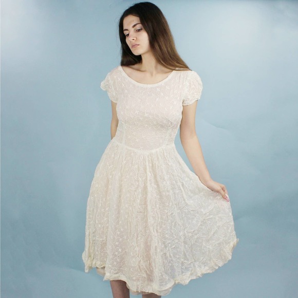 Vintage 40's Sheer Anglaise Lace Midi Dress - Picture 1 of 9